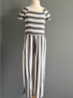 abercrombie kids Gray and White Striped Smocked Jumpsuit
